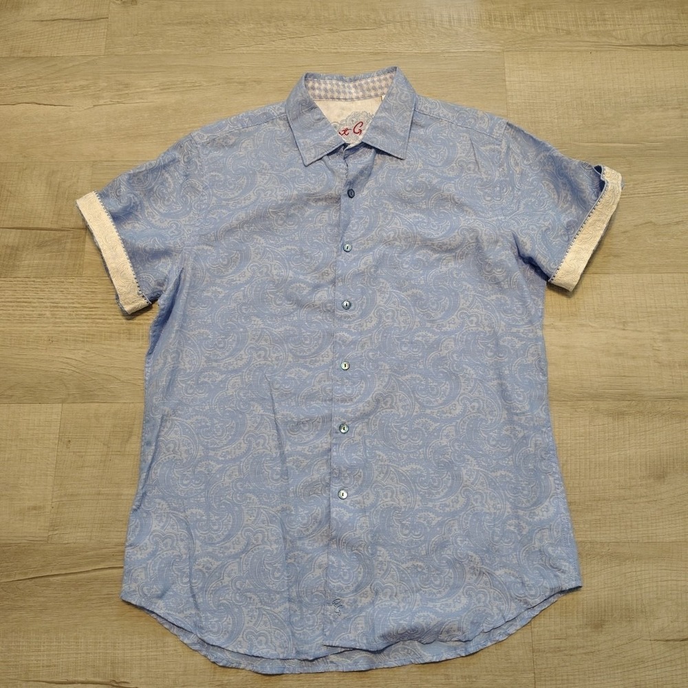 Robert Graham Shirt Mens Medium Blue‎ White Linen Cotton Short Sleeve Paisley